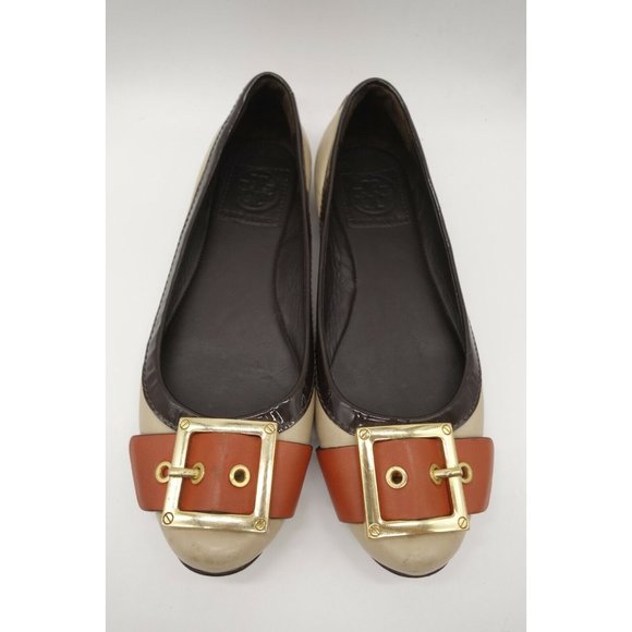 Tory Burch Logo Beige Orange Leather Buckle Toe Slip On Flats Shoes Women's 6 M - Picture 6 of 11
